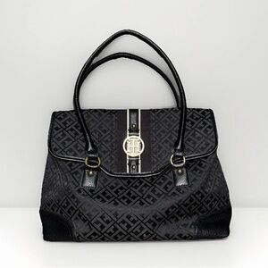 Tommy Hilfiger Elegant Black Monogram Logo Satchel Handbag Purse Shoulder Tote
